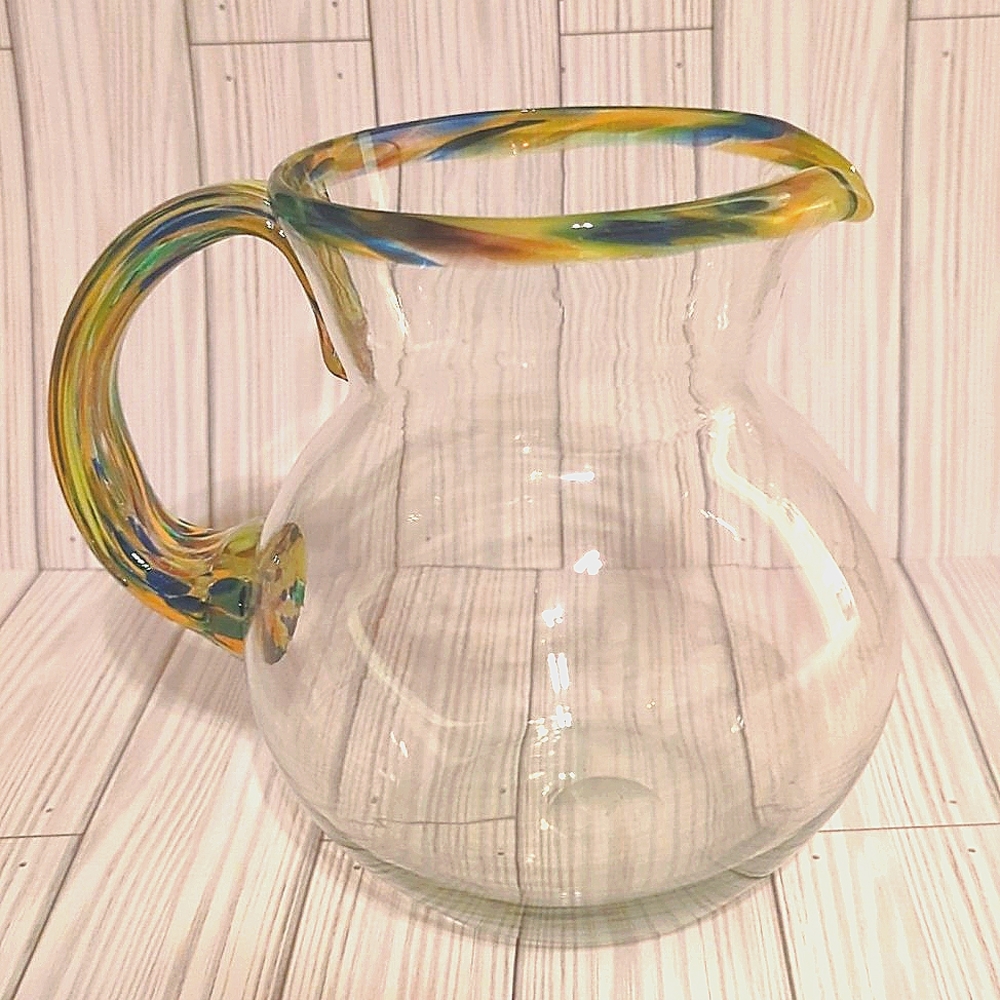 Hand Blown Mexican Glass Bola Pitcher Confetti Rim/Handle